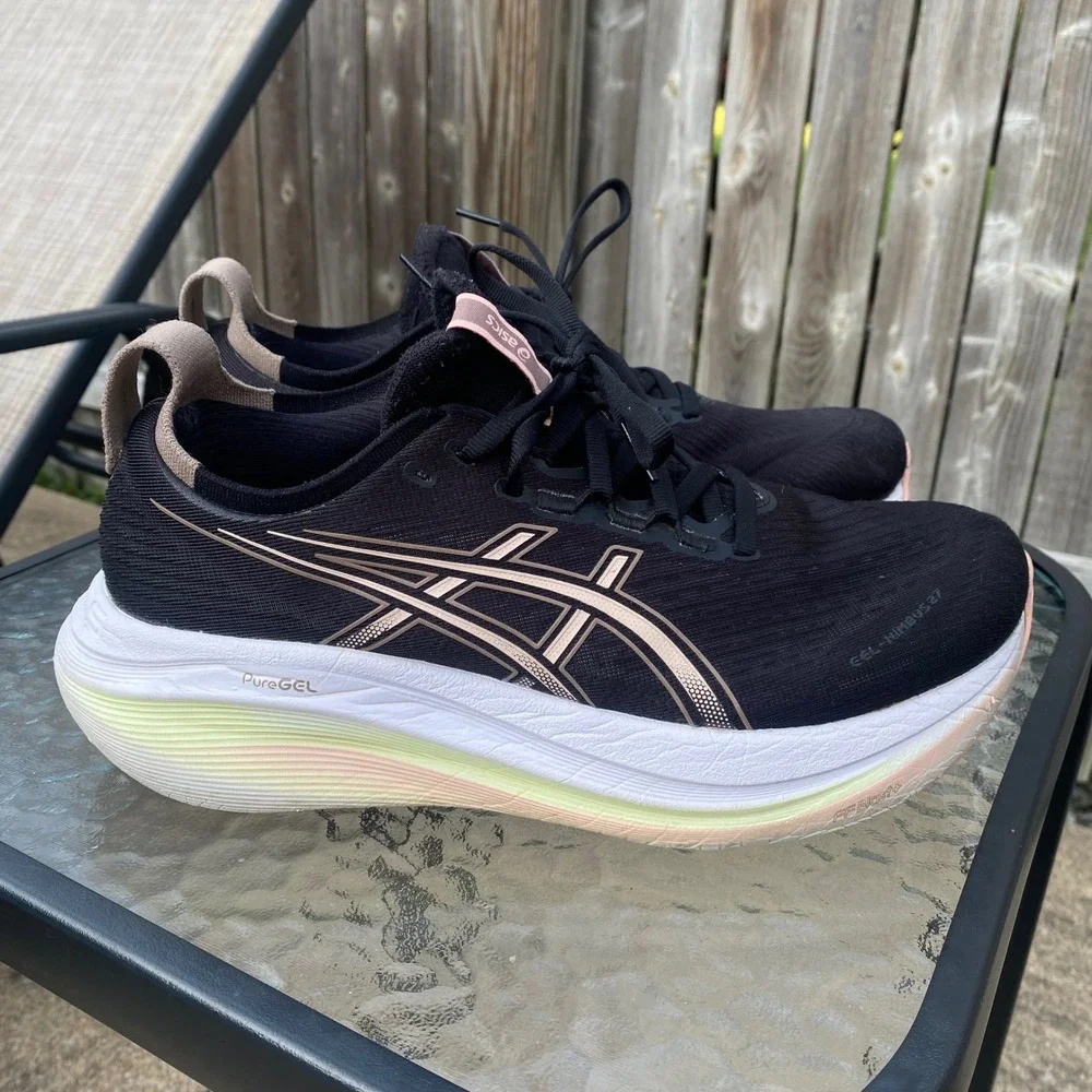 ASICS Gel-Nimbus 27 Womens Running Shoes Size 8.5 Black Rose Gold 1012B753 Gym